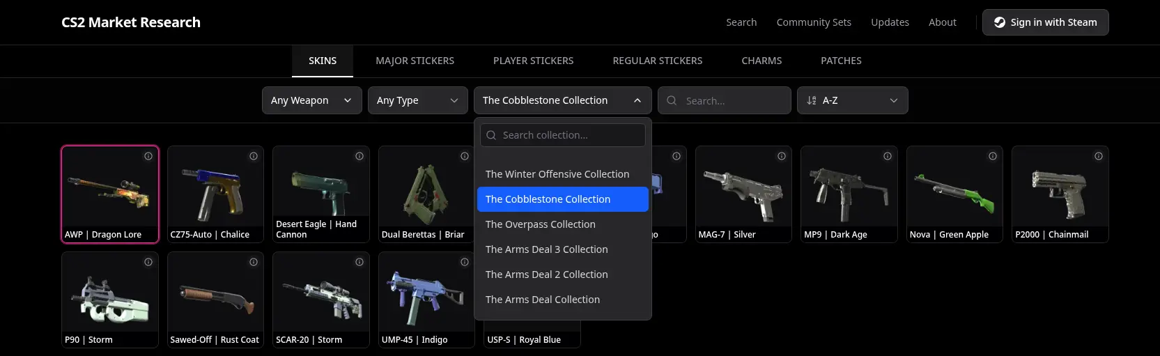 screenshot: collection browser with filters