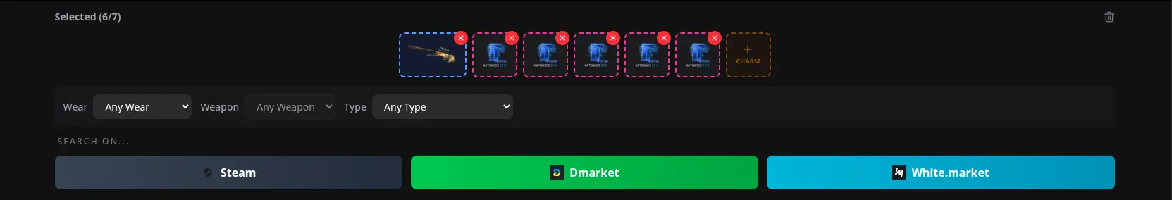 screenshot: skin page with sticker combinations panel